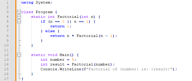 factorial program code example on c-sharp