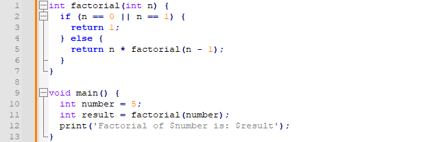 factorial program code example on dart