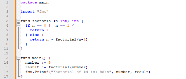 factorial program code example on golang