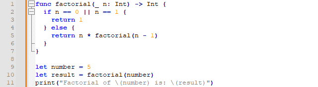 factorial program code example on swift