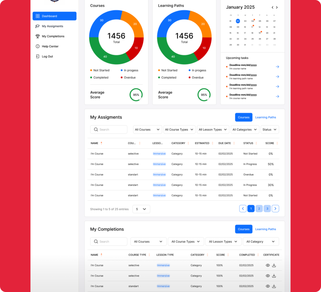 Learning dashboard with progress charts and assignments
