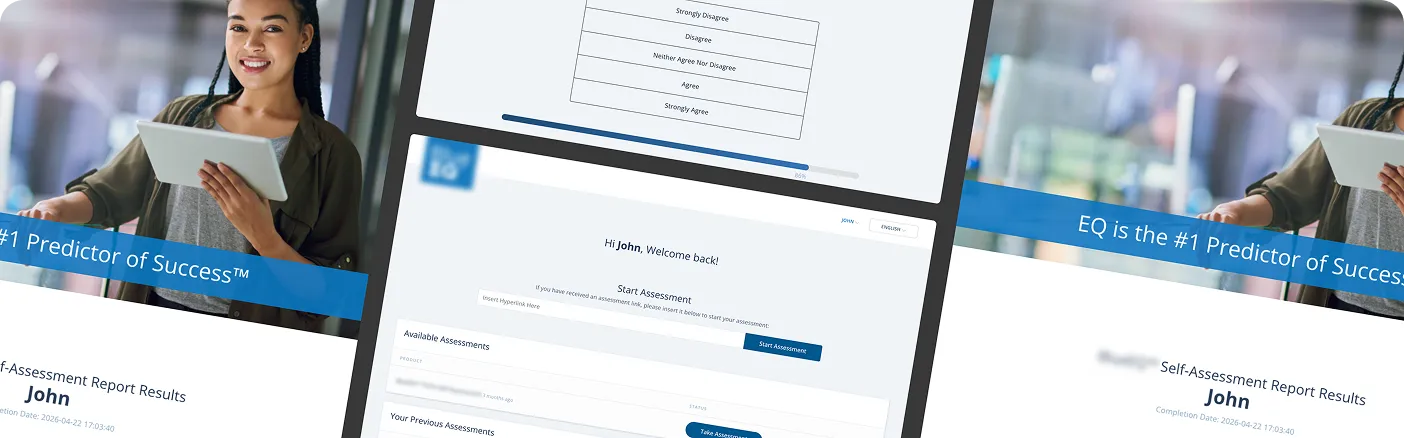 Emotional intelligence learning portal built by Academy Smart with a learner dashboard, an assessment questionnaire, and a self-assessment report.