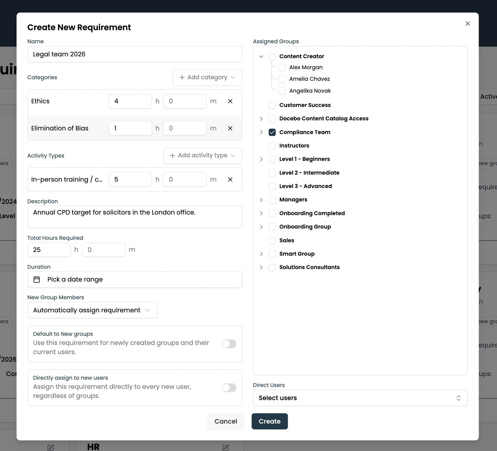 CPD Dashboard: creating a new CPD requirement with hours by category and activity type, assigned groups and direct users