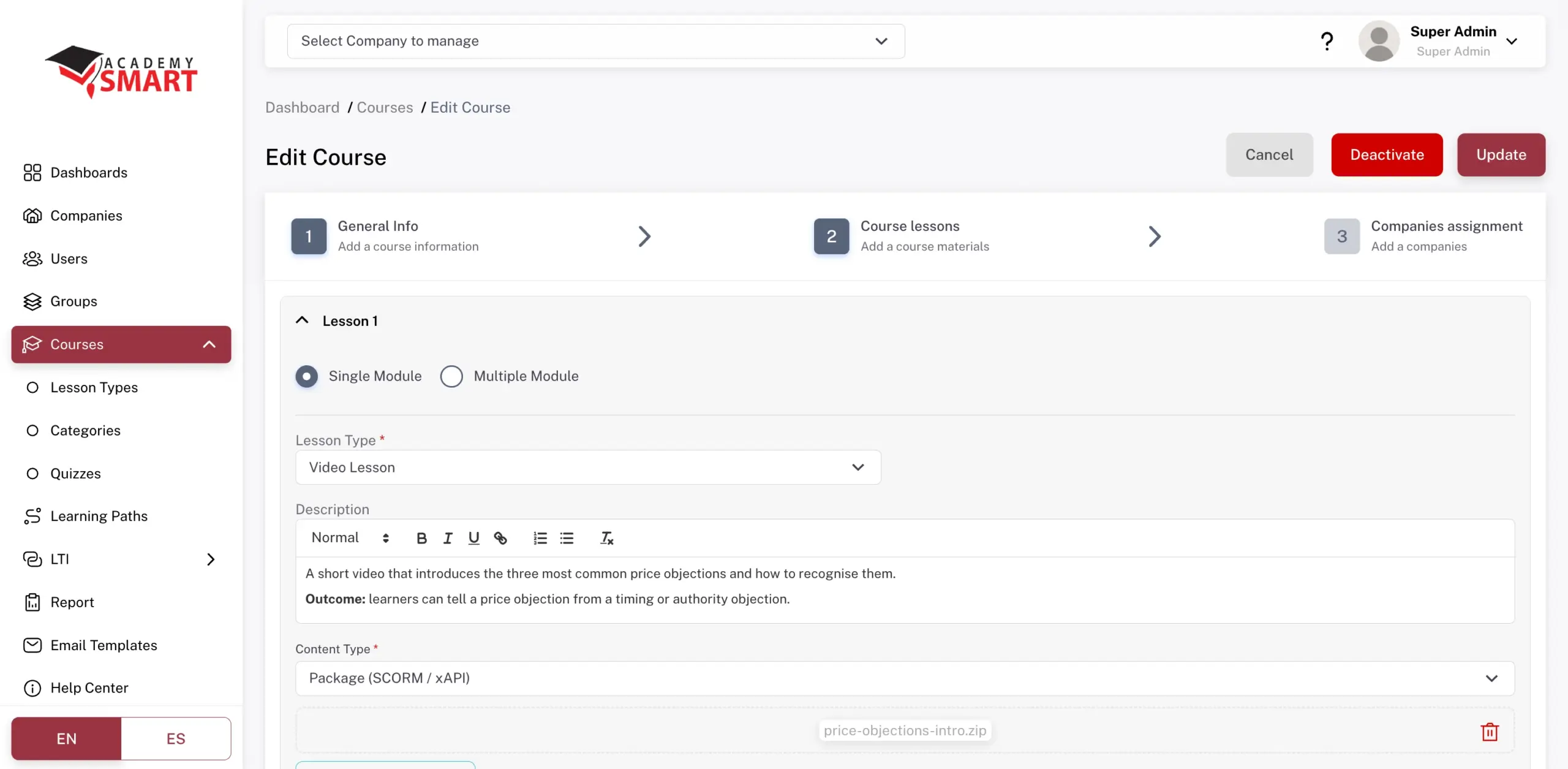 Course builder: lessons with lesson type, description and SCORM / xAPI package upload