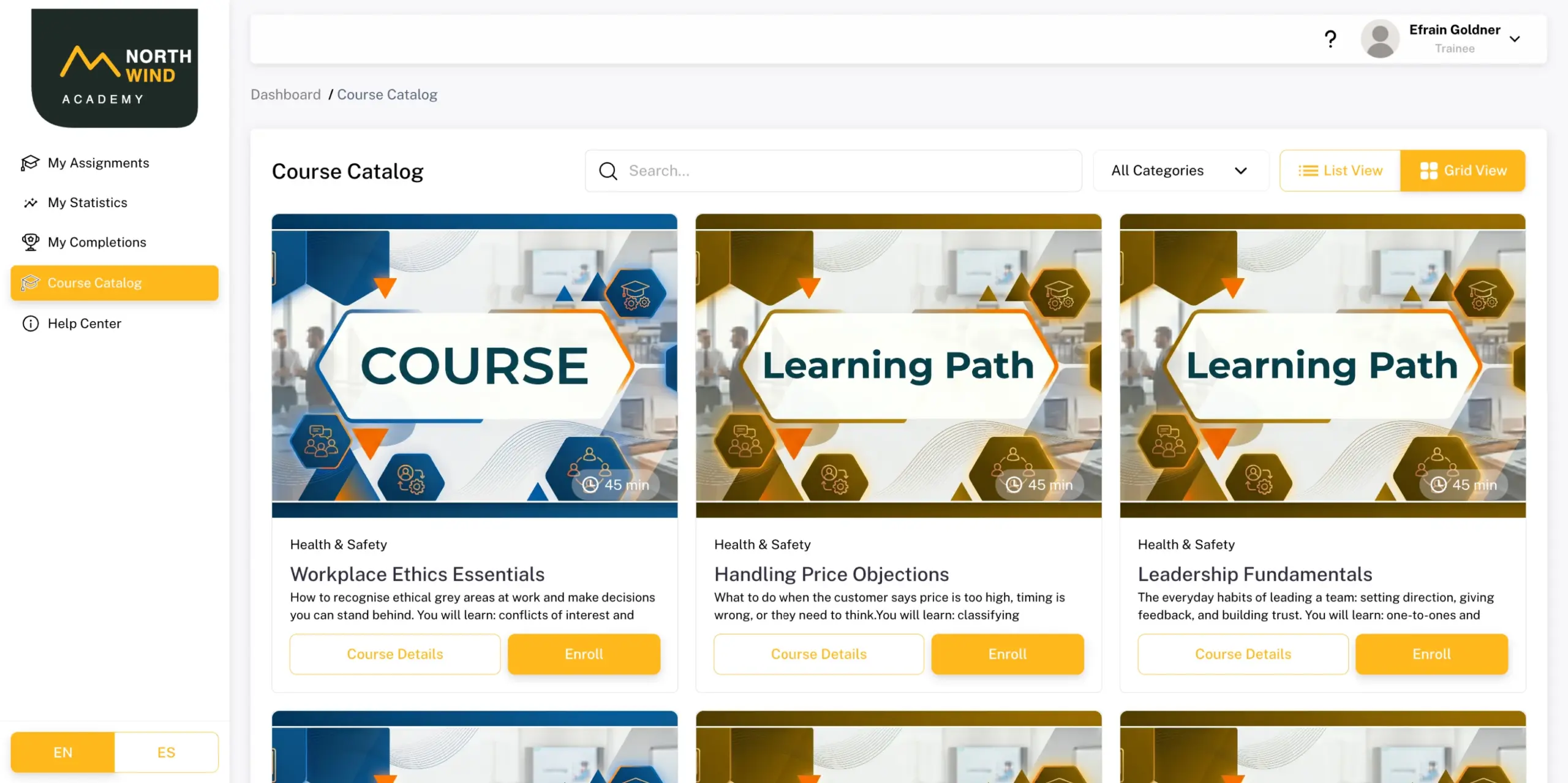 Course catalog with categories, course details and self-enrolment