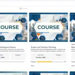 Academy Smart LMS trainee course cards with duration, start date, deadline, progress and score